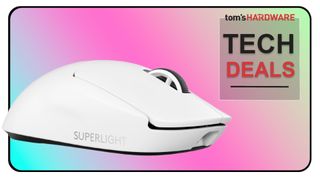 Logitech G Pro X Superlight 2 on a gradient background with the Tom's Hardware logo and Tech Deals lettering in a rounded box.