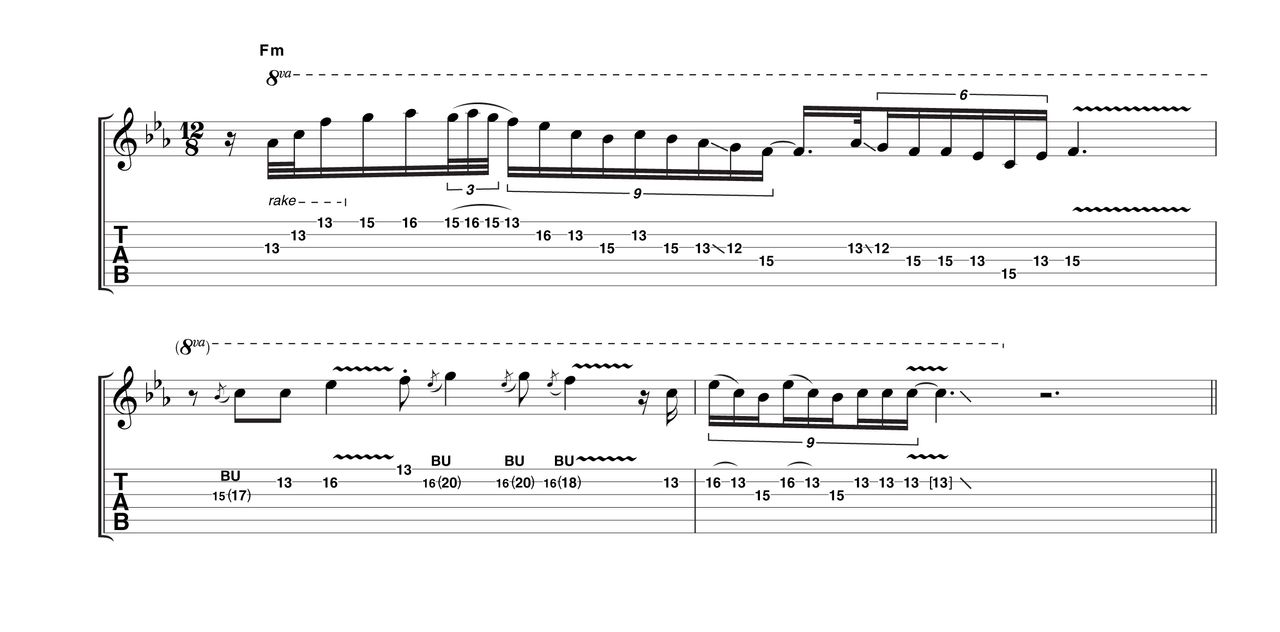 Back to the bridge pickup, this phrase suggests a solo in mid-flight. Apart from the usual timing intricacies, be aware of the very wide bends in bar 2. These are tricky, so spend a little time on them and don't be too harsh on yourself.