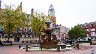 Fountain in Town Hall square, Leicester, England