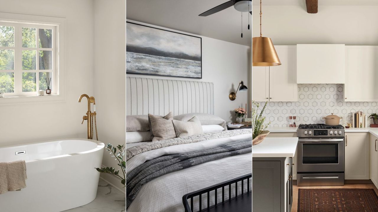 white bathroom, white bedroom with gray decor, warm white kitchen with brass accents