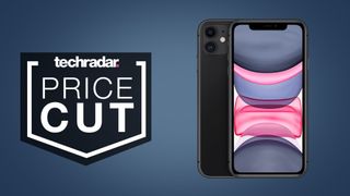 iPhone 11 on dark blue background, beside text that reads 'price cut'
