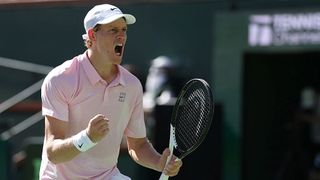 Jannik Sinner celebrates winning a point at Indian Wells 2026