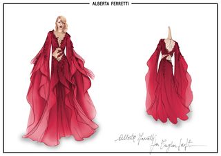 a sketch of the front and back of Taylor Swift's red Alberta Ferretti Eras Tour outfit featuring a ruffled skirt and a stomach cut out