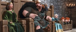 When it comes to geometric complexity, it turns out that size doesn’t matter: “The numbers surprised us because Fergus is so huge,” says Emron Grover, simulation groom and asset lead. “But we needed to use higher resolution to get the small details in Merida and Elinor’s dresses. Merida has small ruffles and puffy under-sleeves that stick out at her elbows. Also, we wanted her dress to feel heavy but moveable. She’s so free-spirited. Elinor has silky, very light sleeves that give her a regal, airy, queen-like feel. Also, she’s bigger than Merida, and her dress is long and trails on the ground.”