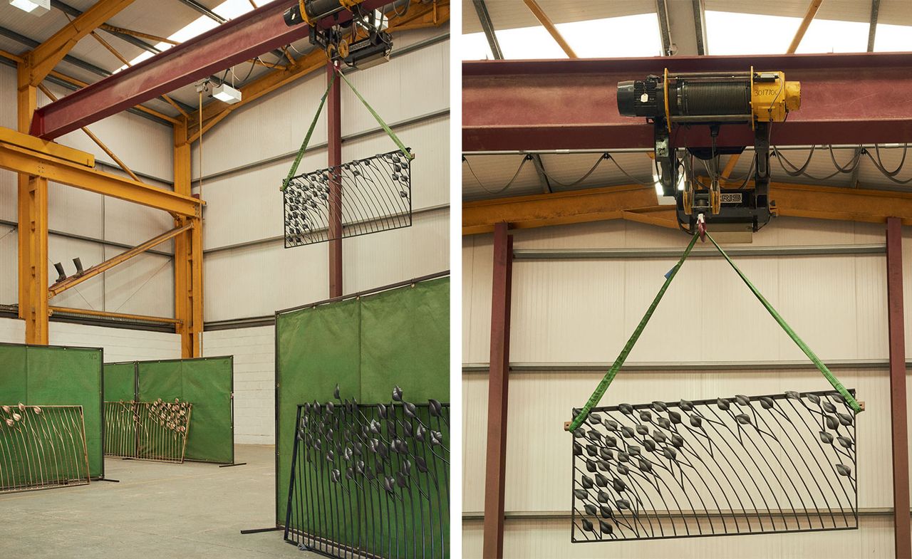 Left, arbour railings in process at Chris Brammall’s workshop in Cumbria and Right, a brass gate from Shaun Leane’s Arbour for a London residence. 