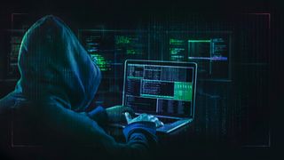 Illustration of a hacker in a hoody using a laptop