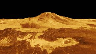 A computer-generated 3D model of Venus’ surface shows the summit of Maat Mons.