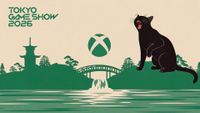 Illustration for Tokyo Game Show 2026 featuring a black cat, a bridge, and a pagoda, with the Xbox logo prominently displayed.