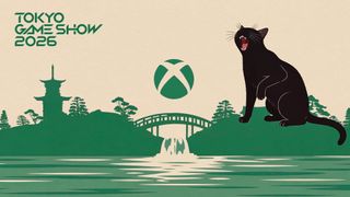 Illustration for Tokyo Game Show 2026 featuring a black cat, a bridge, and a pagoda, with the Xbox logo prominently displayed.