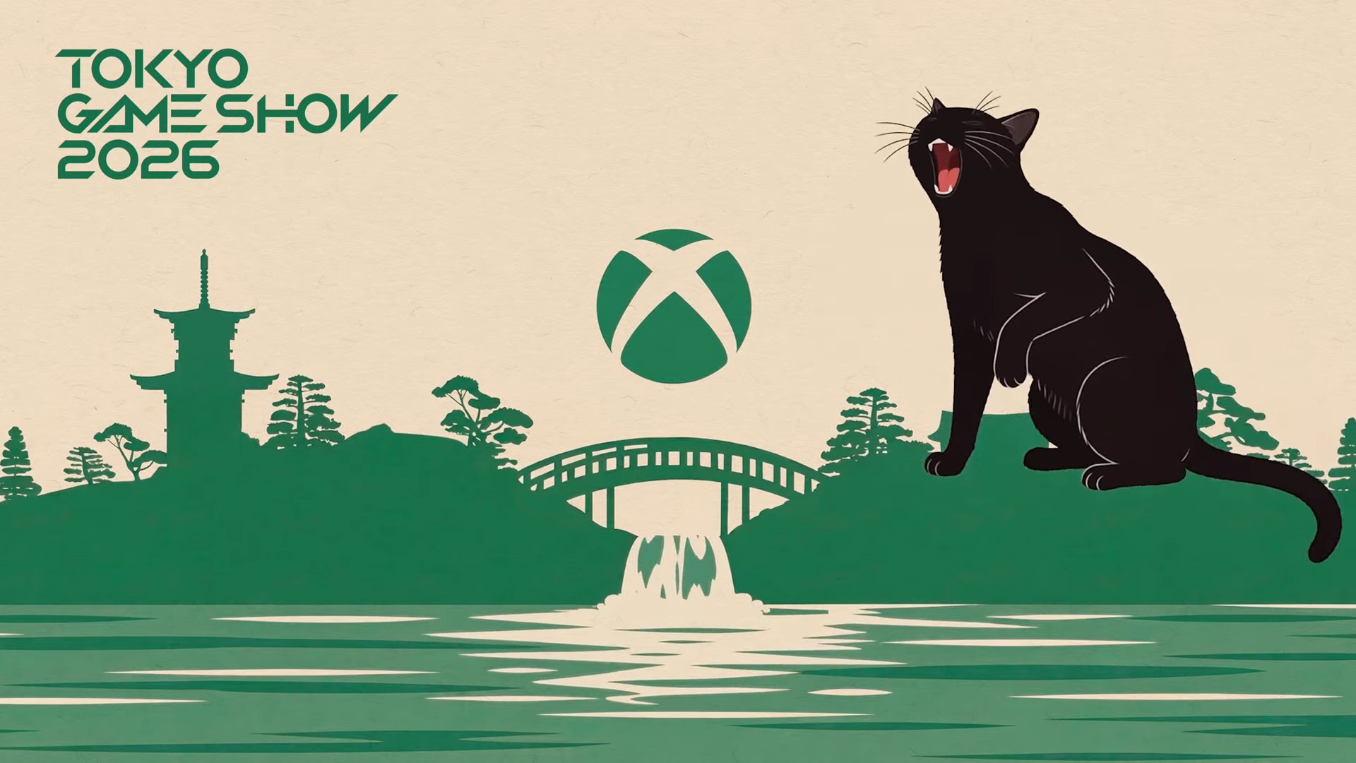 Illustration for Tokyo Game Show 2026 featuring a black cat, a bridge, and a pagoda, with the Xbox logo prominently displayed.