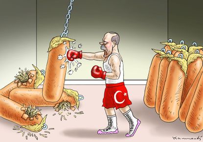 Political cartoon U.S. Erdogan Trump punching bag tariffs