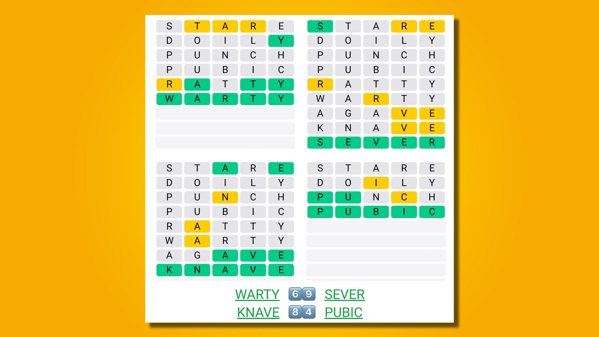 Quordle 452 answers on a yellow background