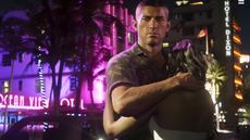 GTA 6 art showing lead characters in an embrace