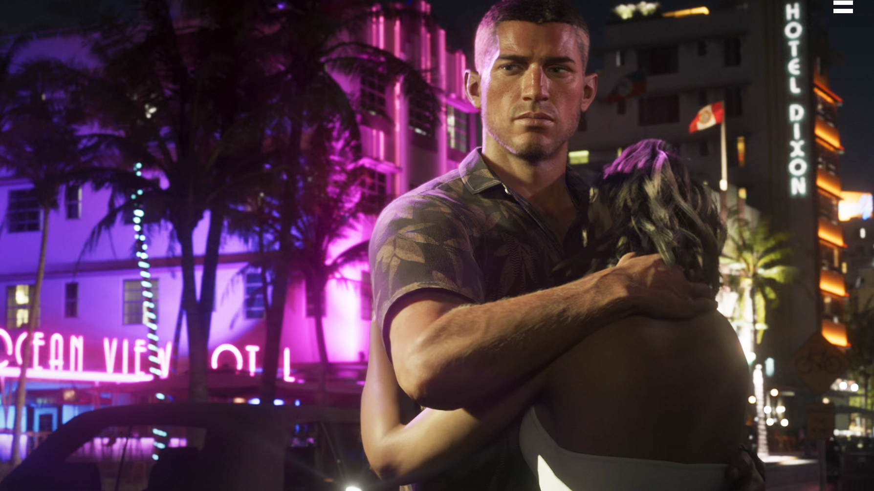 GTA 6 art showing lead characters in an embrace