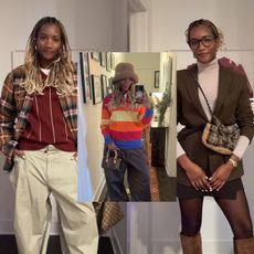 Danielle Prescod wearing a plaid shirt and white pants; Danielle Prescod wearing a striped shirt and pants; Danielle Prescod wearing a blazer and turtleneck