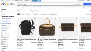 Screenshot of Louis Vuitton bag search on eBay
