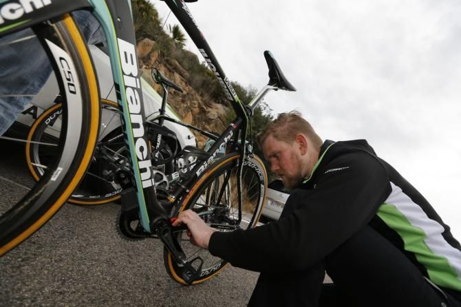 The Belkin mechanic makes as final touch to the Bianchi Infinito CV