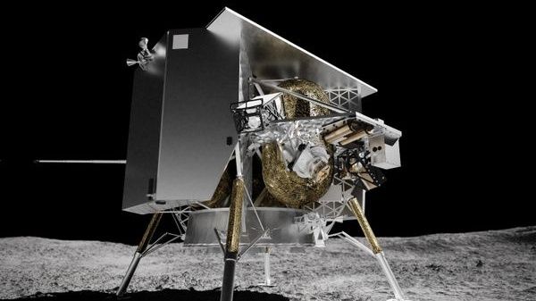 An illustration of a metallic lander on the moon.