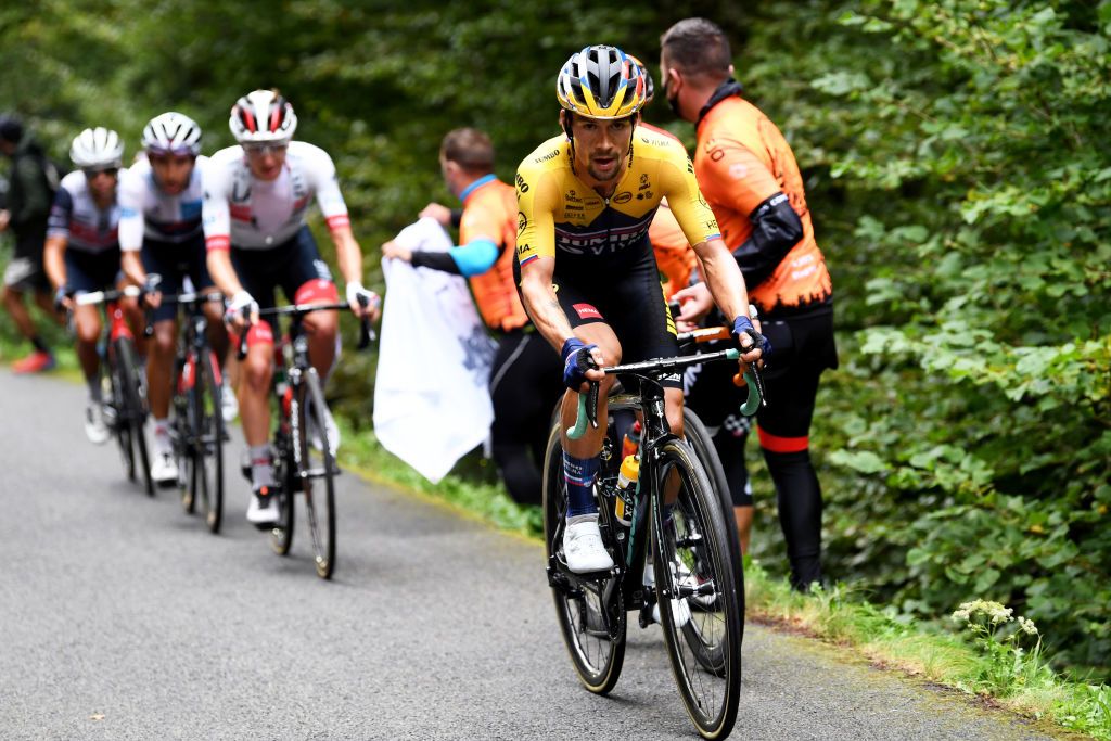 LARUNS FRANCE SEPTEMBER 06 Primoz Roglic of Slovenia and Team Jumbo Visma Tadej Pogacar of Slovenia and UAE Team Emirates Egan Arley Bernal Gomez of Colombia and Team INEOS Grenadiers White Best Young Jersey Richie Porte of Australia and Team Trek Segafredo Breakaway during the 107th Tour de France 2020 Stage 9 a 153km stage from Pau to Laruns 495m TDF2020 LeTour on September 06 2020 in Laruns France Photo by Tim de WaeleGetty Images