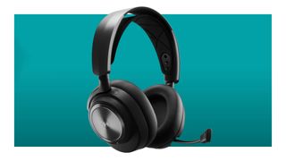 The SteelSeries Arctis Nova Pro Wireless headset floats with its fully retractable mic arm extended, in the teal-gradient PC G deal void.