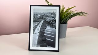 An image of the Roman Bridge of Córdoba in black and white on the Pexar 11-inch Digital Picture Frame in vertical orientation.