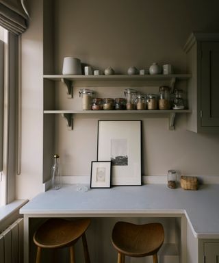 taupe kitchen with shelves