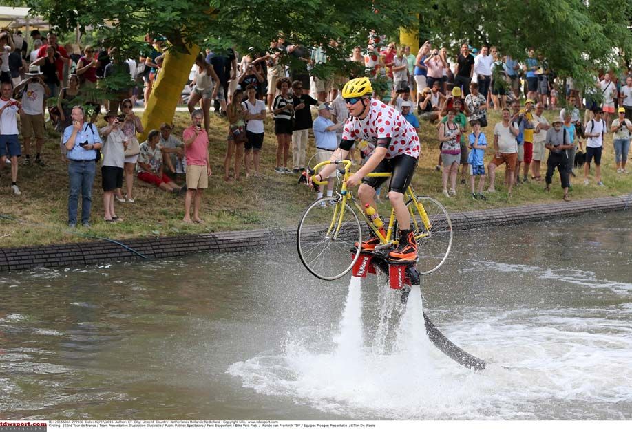 A man on a jet bike during the Tour de France team presentation