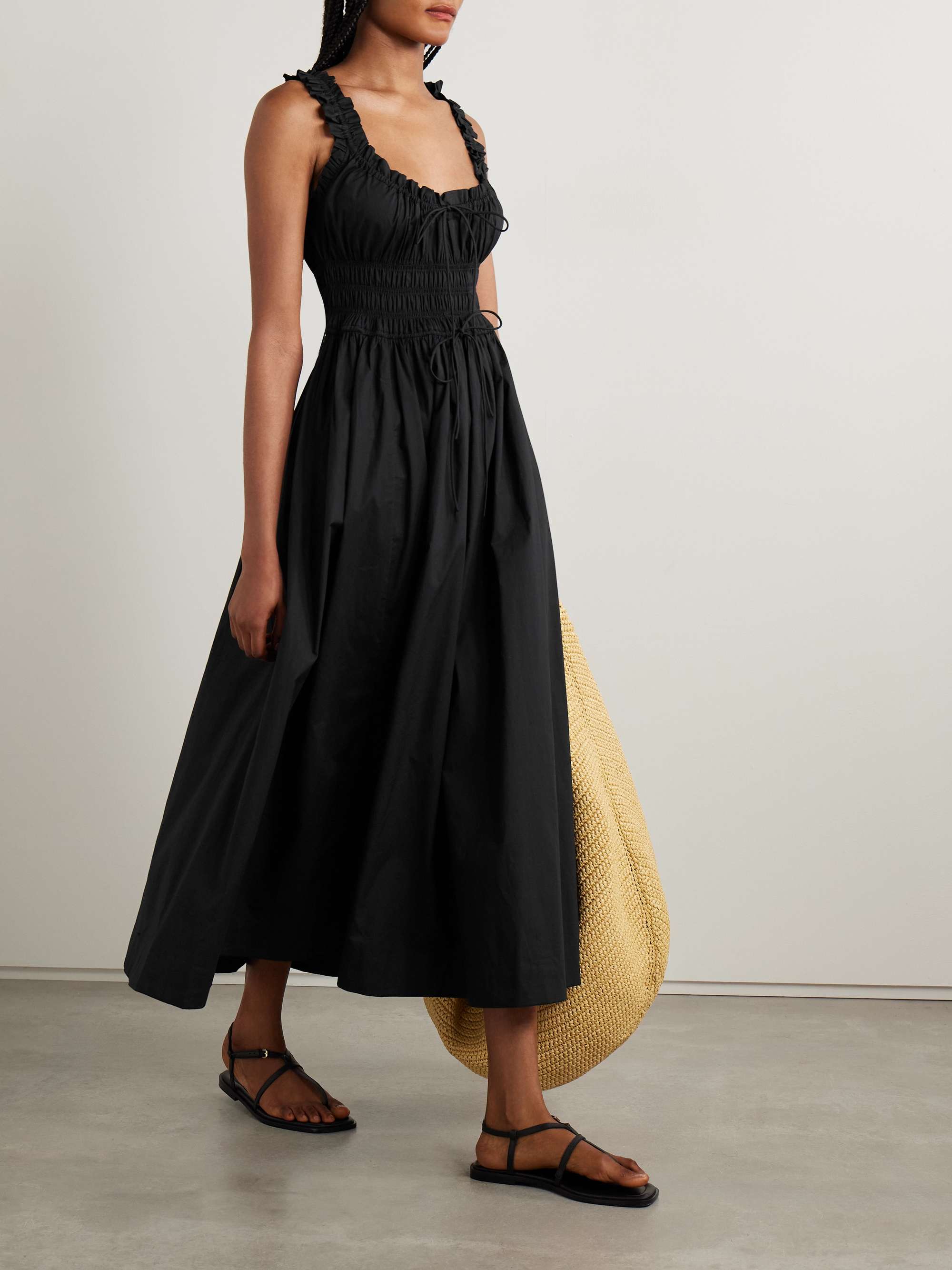 Emmaretta Tie-Detailed Shirred Organic Cotton-Voile Midi Dress