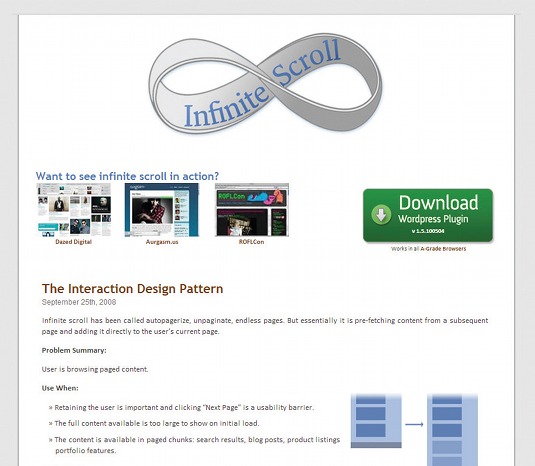 Paul Irish's Infinite Scroll jQuery plug-in loads new content as the user scrolls down the page – and it integrates nicely with Isotope