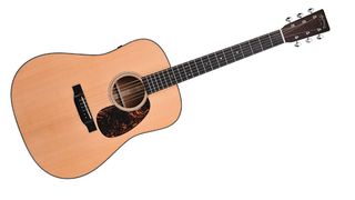 Though simplistic in appearance, the D-18E does have a classic air about it, be it the ebony 30s-style bridge, old-style abalone position inlays, or vintage-style tuners