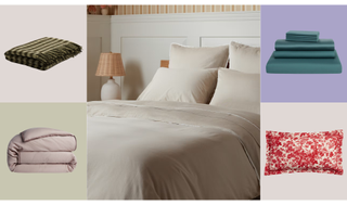 a lifestyle image of a bed in the centre with two bedding product images either side in various colors and form various retailers