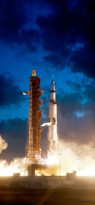 Launch of the Apollo 4 (AS-501) mission, on NASA's first test flight of the Saturn V rocket, from Pad 39A at the Kennedy Space Center in Florida on Thursday, Nov. 9, 1967, at 7:00 a.m. EST.