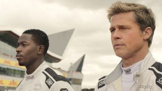 Damson Idris as Joshua Pearce and Brad Pitt as Sonny Hayes in Apple Original Films’ “F1 The Movie."