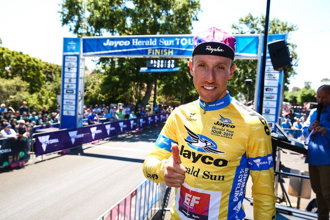 A thumbs-up from EF Education First's Michael Woods having defended his race lead on stage 3 of the 2019 Herald Sun Tour