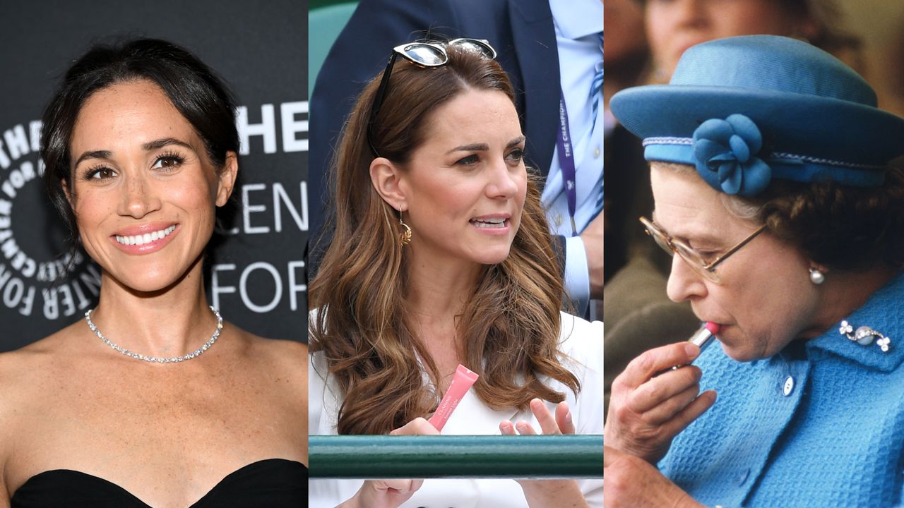 A photo of Meghan Markle wearing a strapless black dress and diamond necklace with her hair up next to a photo of Kate Middleton wearing a white dress and holding a pink lip gloss looking to the right in the center and a photo of Queen Elizabeth wearing a blue dress and hat looking down and putting lipstick on on the far right