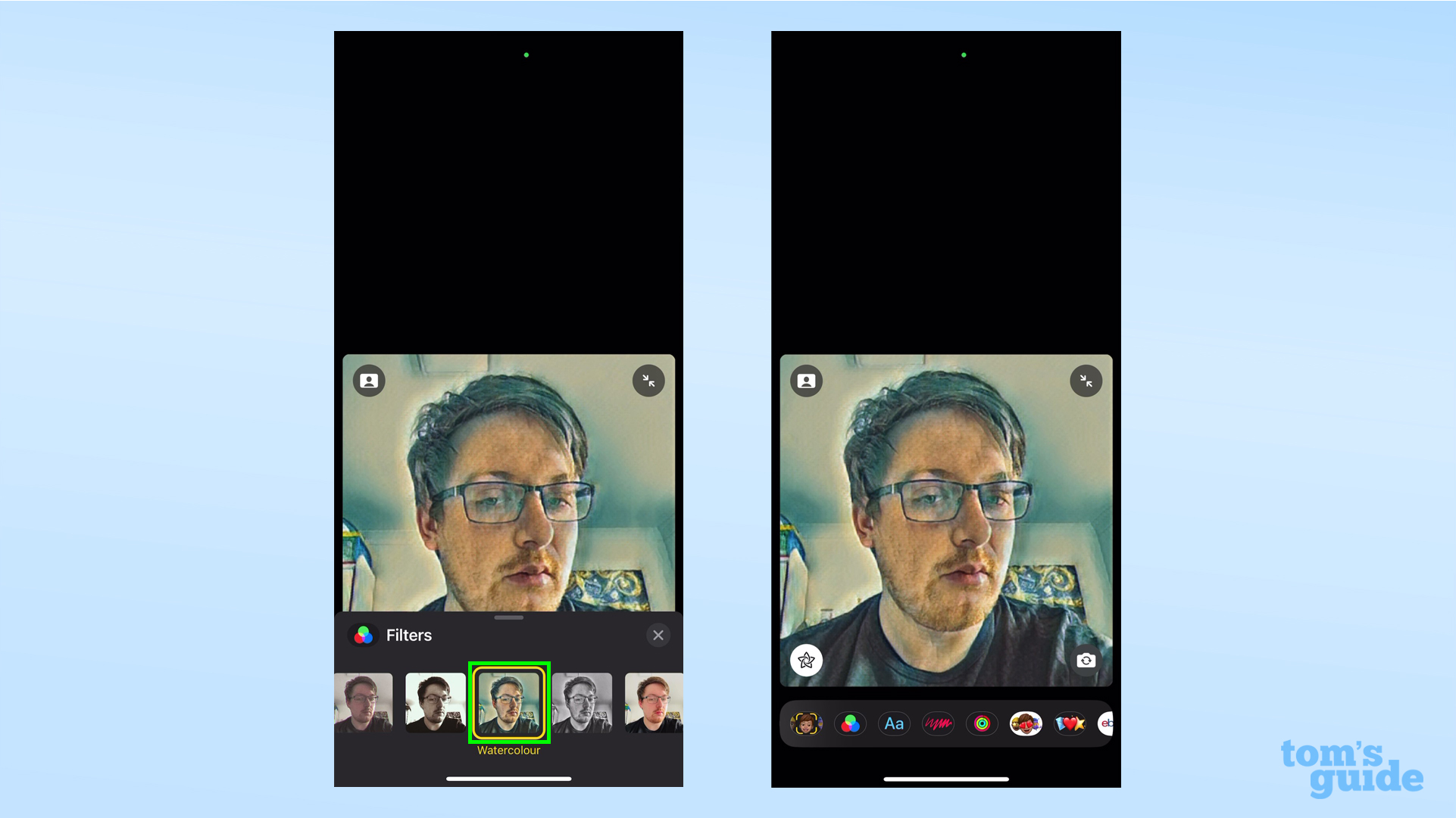 Два снимка экрана, показывающие режим «Акварель» в FaceTime.