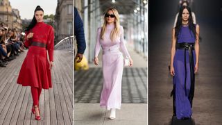 a model wearing a brown thick belt at Alaïa; Sydney Sweeney in New York CIty; a model wearing a black belt at Ann Demeulemeester
