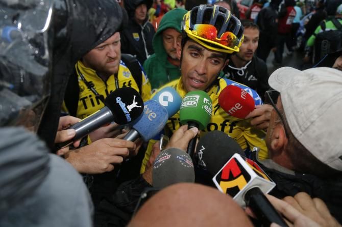 Alberto Contador (Tinkoff-Saxo) talks to the press at the finish of stage 9