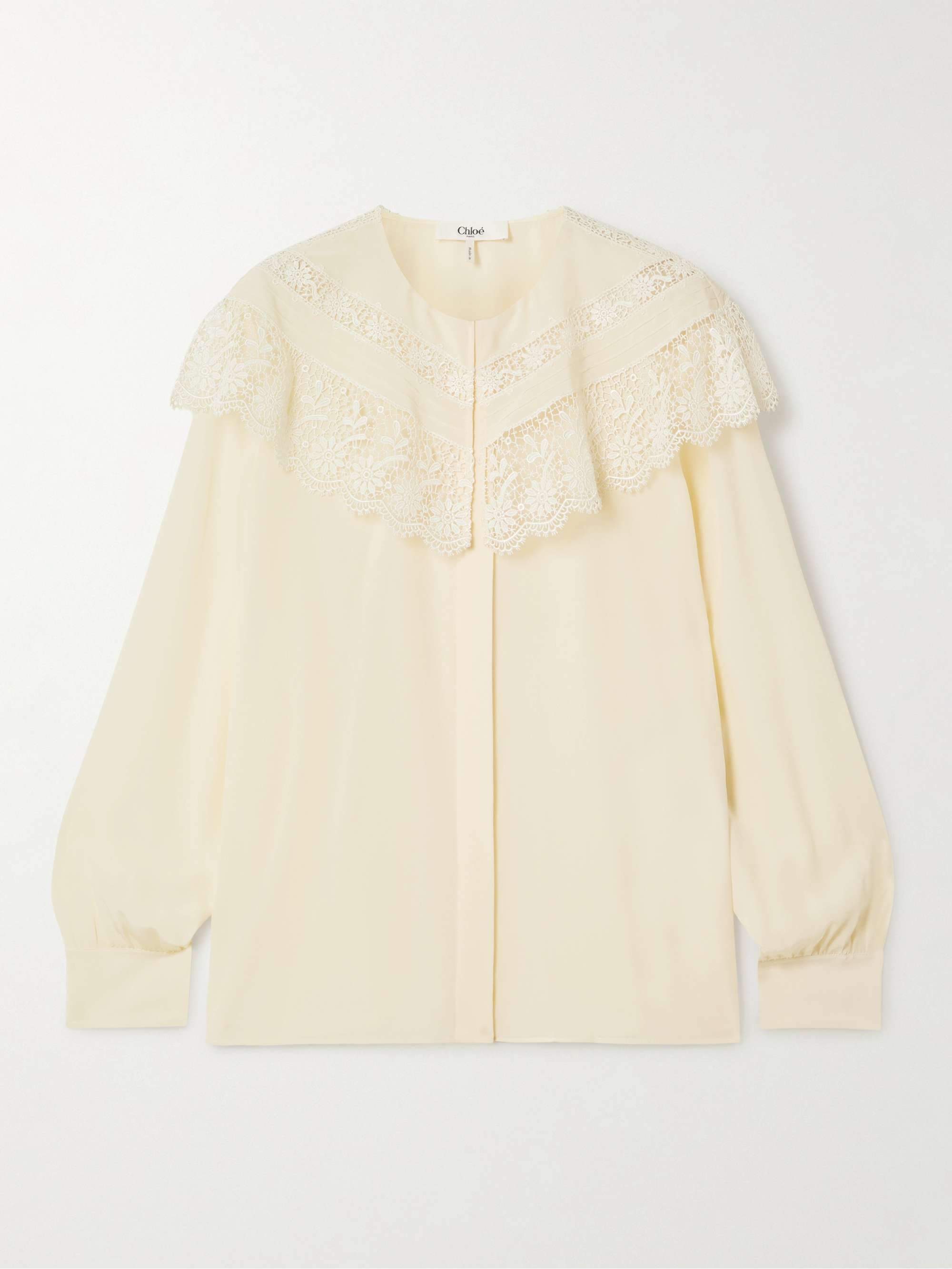 Lace-Trimmed Organic Silk Crepe De Chine Blouse