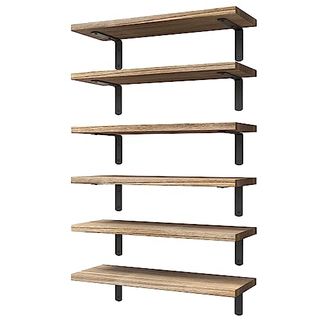 Wood Floating Shelves Set of 6, with rustic finish and black wall brackets that look industrial