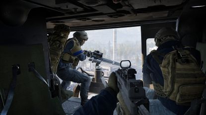Wardogs player manning minigun looking out of a helicopter