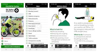 Screenshots from the St John Ambulance First Aid For Cyclists app