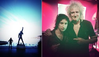 Battelle in Montreux and, right, with Brian May