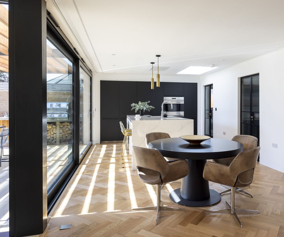 Open plan kitchen and dining space in a contemporary bungalow renovation