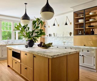 kitchen white and oak cabinets open shelves and island