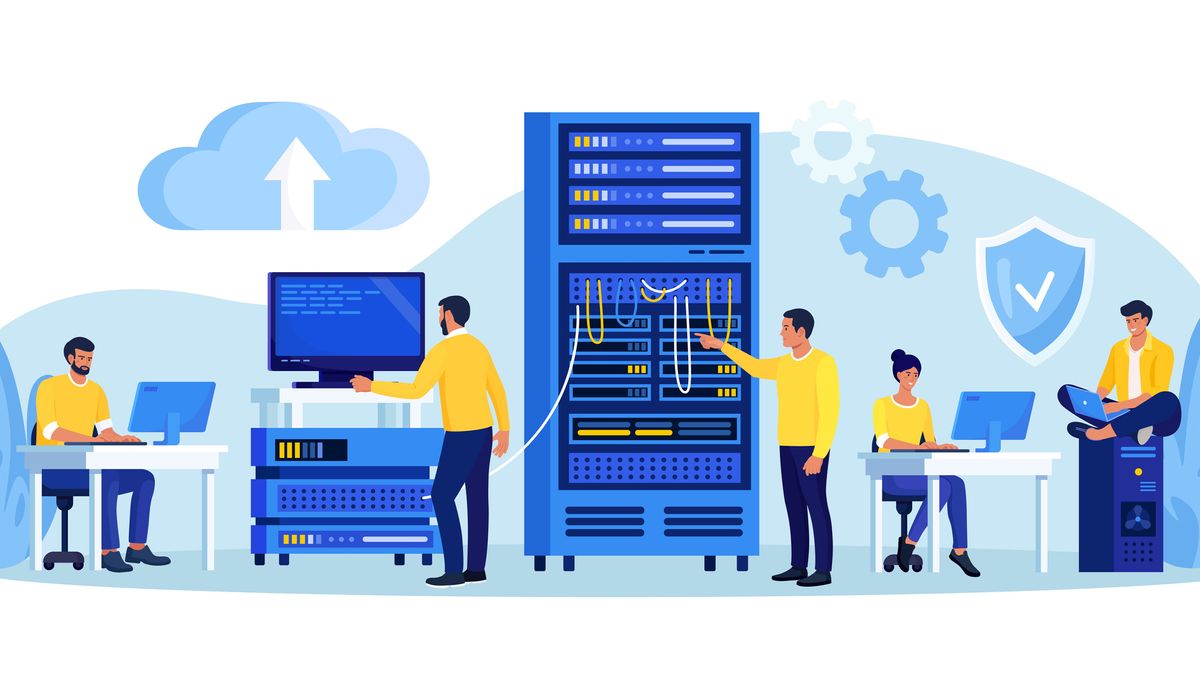 A graphic of four happy sysadmins working on oversized servers and computers