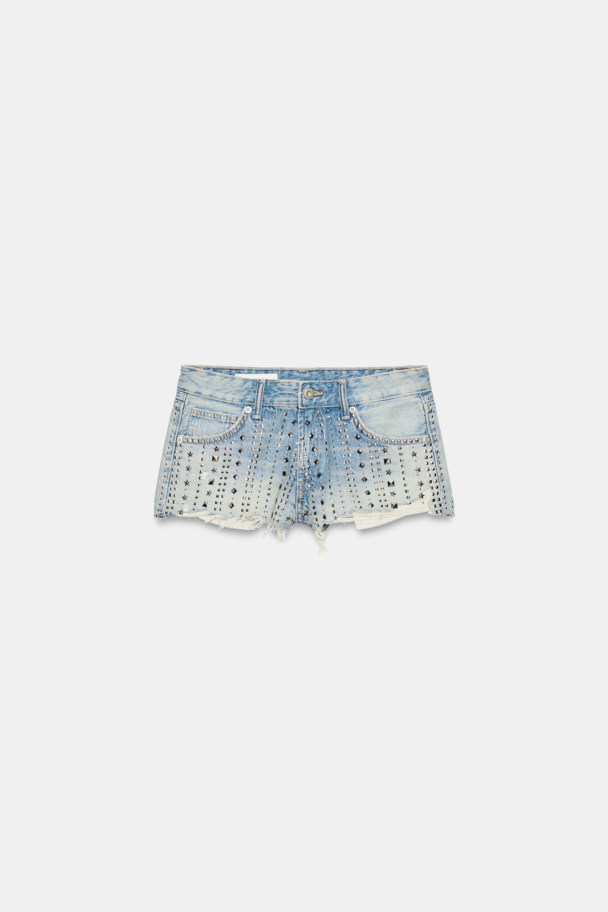 Mid-Rise Studded Ripped Denim Shorts - Light Blue - 25 (us 0)
