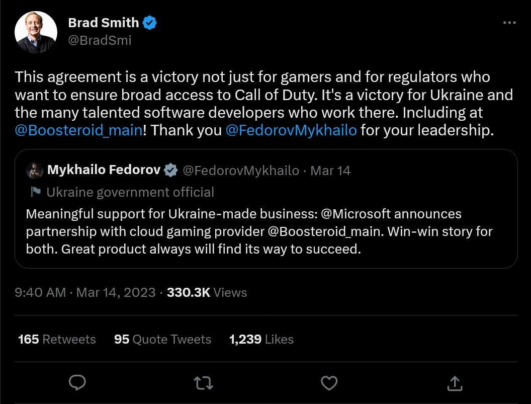 Brad Smith tweets about Microsoft Boosteroid deal