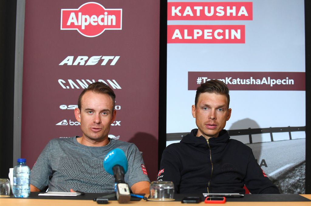 Katusha-Alpecin's Alex Kristoff and Tony Martin at the pre-race Tour of Flanders press conference