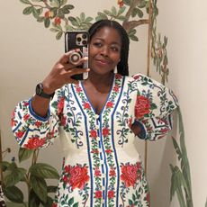 stephanie yeboah tries on a patterned farm rio dress